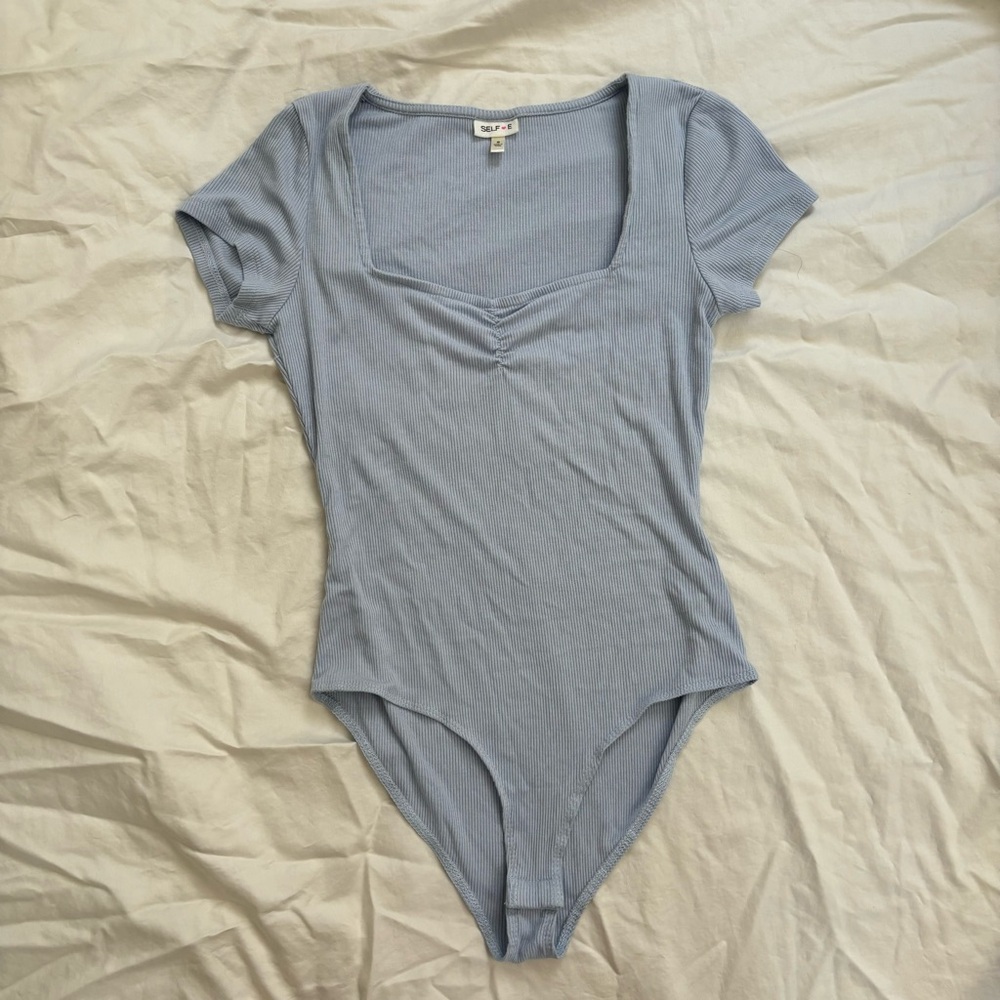 baby blue ruched sweetheart neckline bodysuit